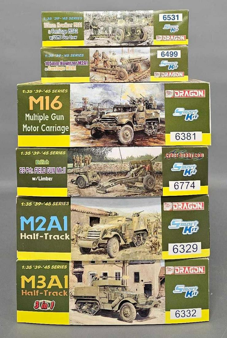 Six 1/35 scale unbuilt mixed manufacturer model kits: Six 1/35 scale unbuilt mixed manufacturer model kits to include Cyber Hobby 6774 25-Pdr. Field gun Mk.Ii, Dragon 6329 M2A1 half-track, 6381 M16 Multiple gun motor carriage, 6499 105mm Howitzer M2A1and