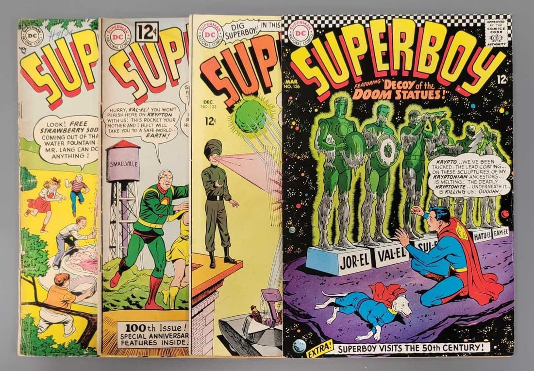 Superboy 37 100 125: Superboy 37 lower grade, spine split to top staple. 100 spine roll and staining. 125 light edge wear, high gloss. 136 lower left corner ding, light edge wear as seen in the photos.