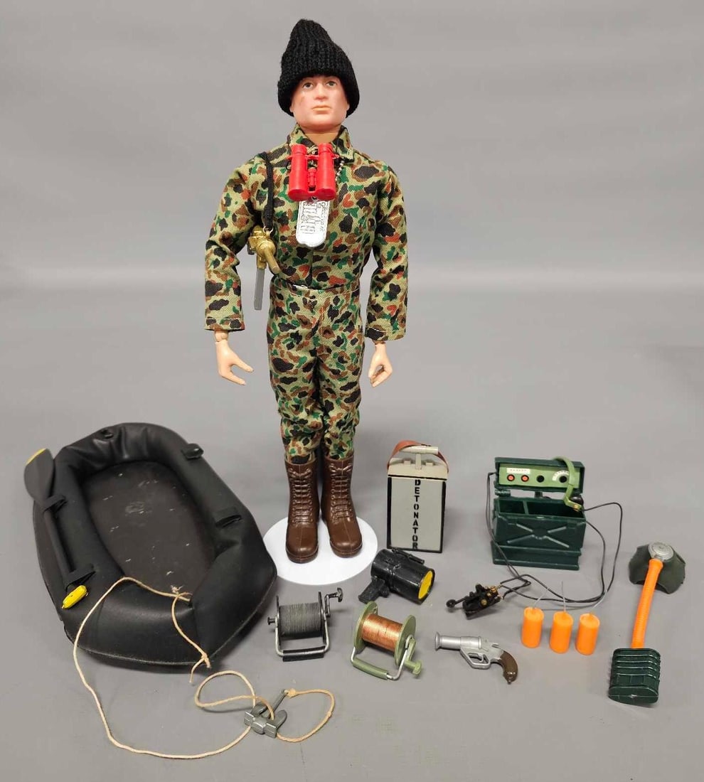 Vintage Hasbro GI Joe Mission to Spy Island: Vintage Hasbro GI Joe with Mission to Spy Island accessories. Comes with a Patent Pending figure that has red painted hair, typical cracks here and there and poseable joints. The accessories are all o