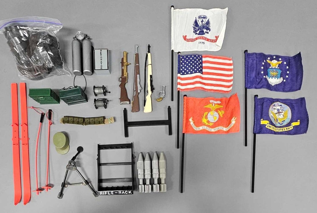 Group of Hasbro GI Joe and Action Man accessories: Group of Hasbro GI Joe and Action Man accessories to include many original pieces plus some reproduction flag bases as seen in the photos.