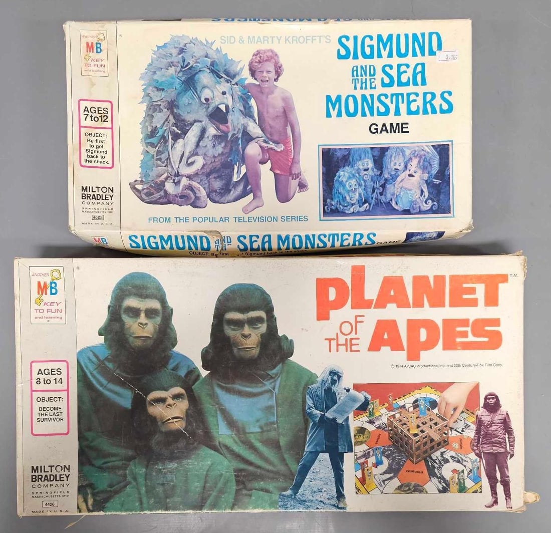 Milton Bradley Sigmund and the Sea Monsters Planet of the Apes board games: Milton Bradley Sigmund and the Sea Monsters Planet of the Apes board games, both have seen better days as seen in the photos.