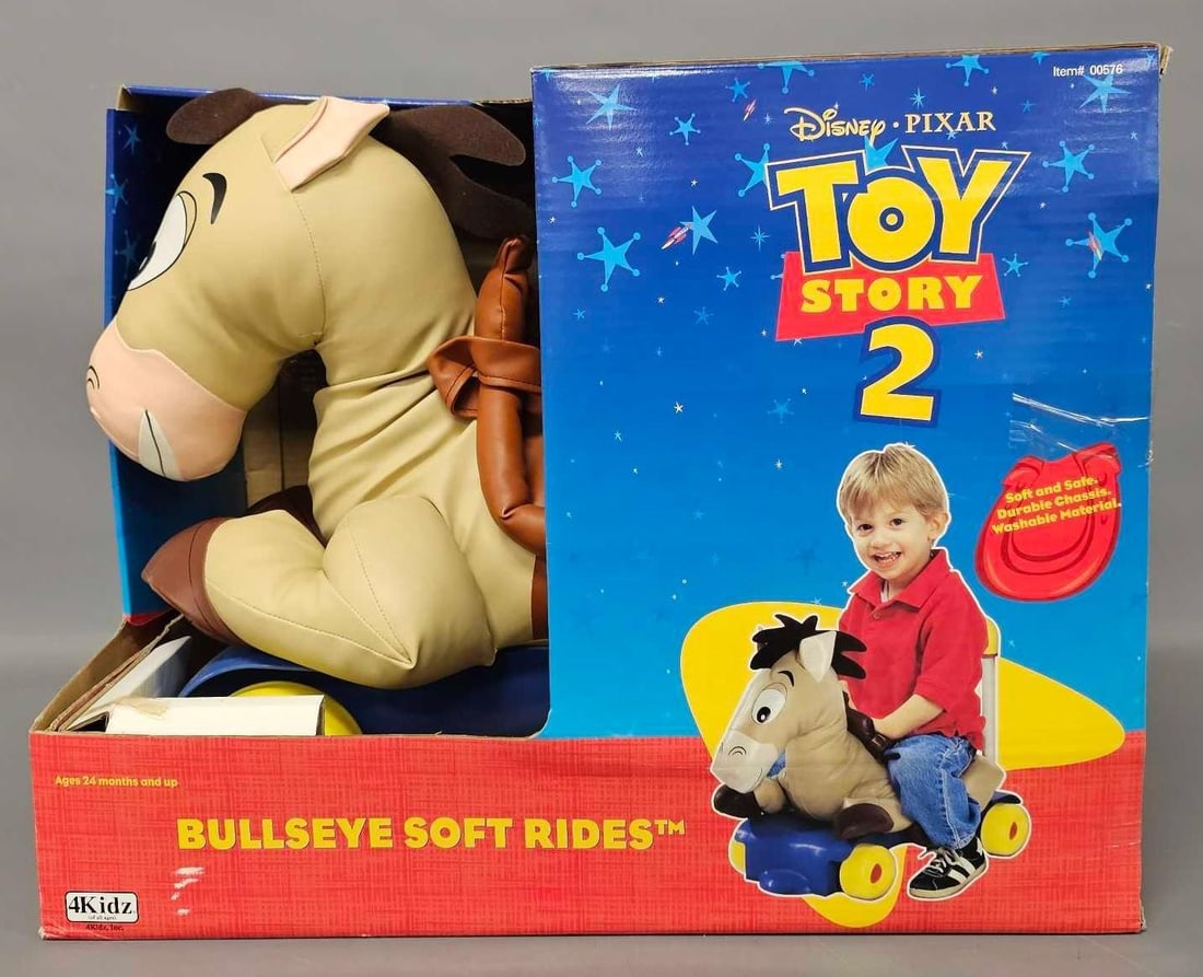 Mint 4Kidz Toy Story 2 Bullseye Soft Rides in original box: Mint 4Kidz Toy Story 2 Bullseye Soft Rides in original box, great for a toddler, fun and safe. Measures 23 inches long as seen in the photos. A very rare and obscure toy .