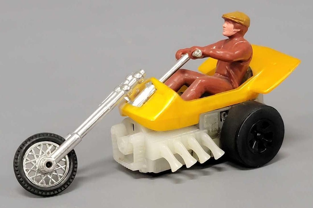 Mattel Chopcycles Speed Steed with brown English Hat rider: Mattel Chopcycles Speed Steed with brown English Hat rider. Bike is missing all of the chrome from the engine but the forks and front rim are still good as seen in the photos.