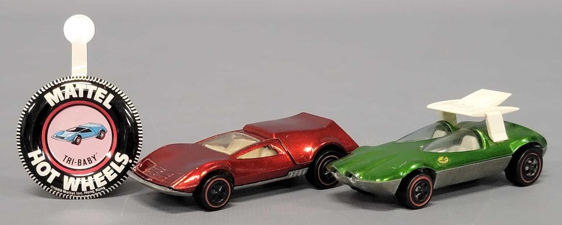 Redline Hot Wheels red Tri Baby and light green Swingin Wing: Redline Hot Wheels red Tri Baby and light green Swingin Wing, both are in nice shape with dull bases and minor play wear as seen in the photos.