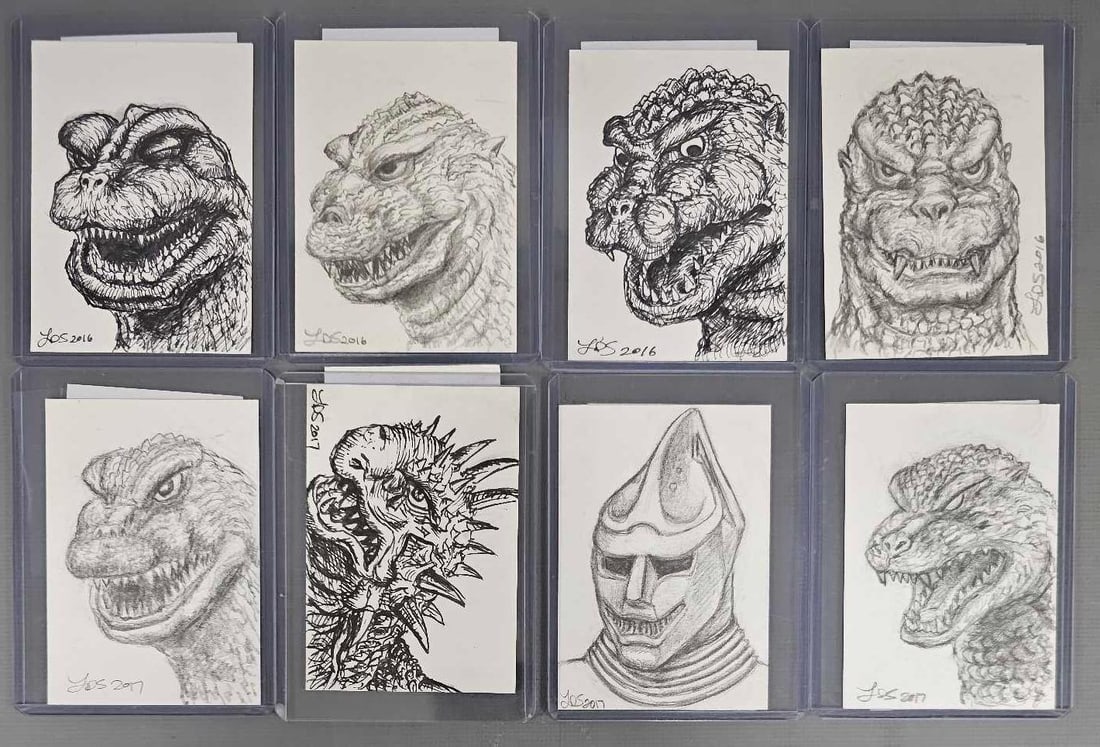 Group of Luke Stelmaszek 2016 and 2017 original sketches of Godzilla Jet Jaguar (1 of 5)