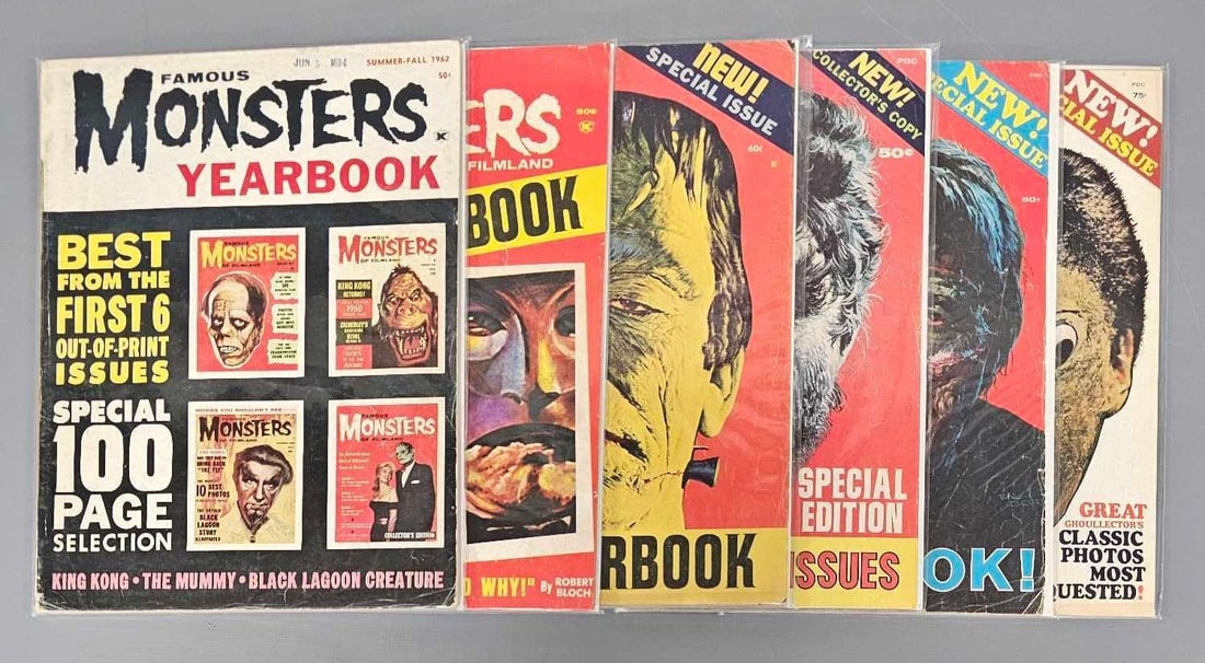 Six Famous Monsters of Filmland Magazines Yearbooks 1962 to 1972: Six Famous Monsters of Filmland Magazines to include Yearbooks from 1962 and 1971 low grade. 1964, 1965, 1967 and 1972 mid grade as seen in the photos.