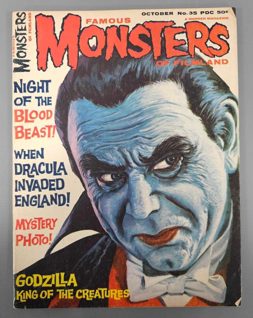 Famous Monsters of Filmland #35: Famous Monsters of Filmland 35, issue displays well but has dog-eared corners at top right and bottom right, some minor creases and nice color overall as seen in the photos.