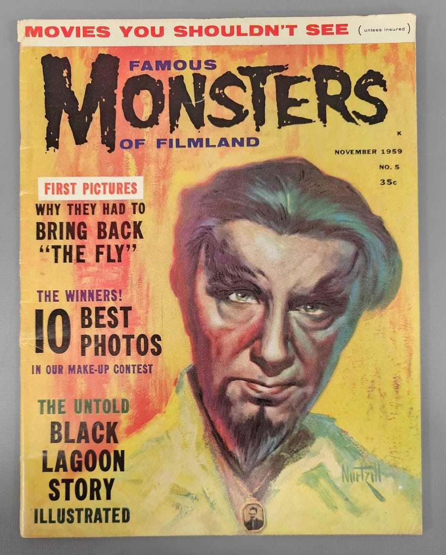 Famous Monsters of Filmland #5: Famous Monsters of Filmland 5, a clean book with a small spine split at the top left hand corner and another just above the bottom staple plus some spine stress lines, still a very presentable issue a