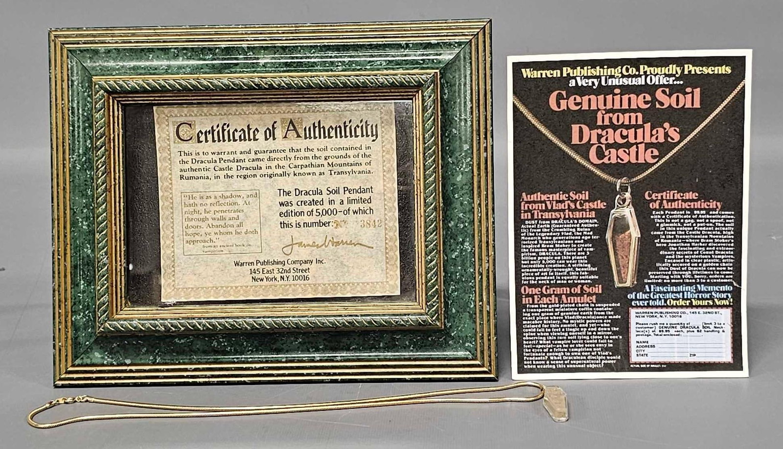 Original Draculas Castle Soil Pendant with COA 3842/5000 Warren Publishing Famous Monsters: Warren Publishing Draculas Castle Soil Pendant with COA, numbered 3842 of 5000 made along with a color copy of what the order form looked like from inside the magazine. It is in near mint condition as