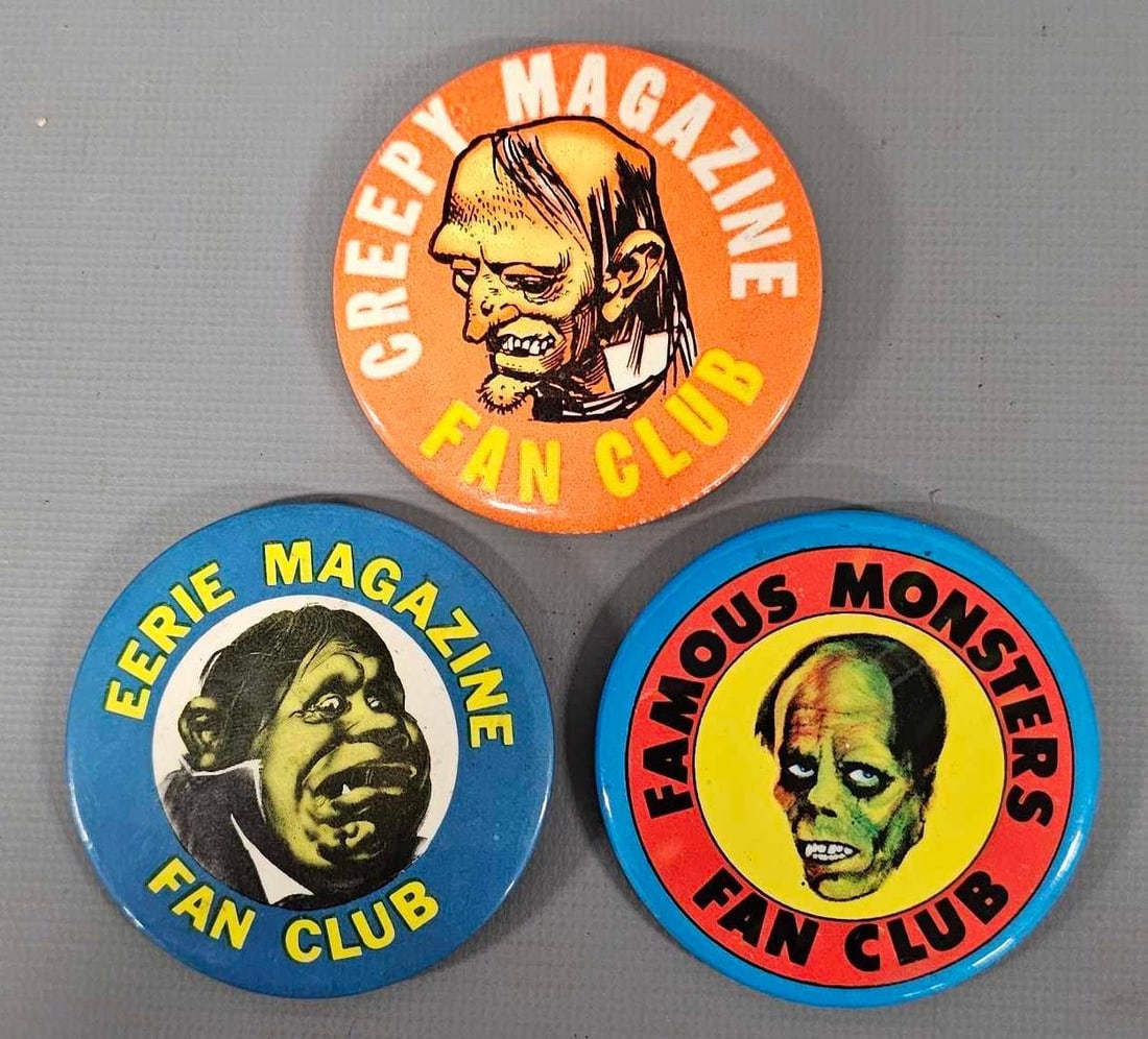 Three vintage 1972 Warren Publishing 2 1/2 inch Fan Club pinback buttons (1 of 5)