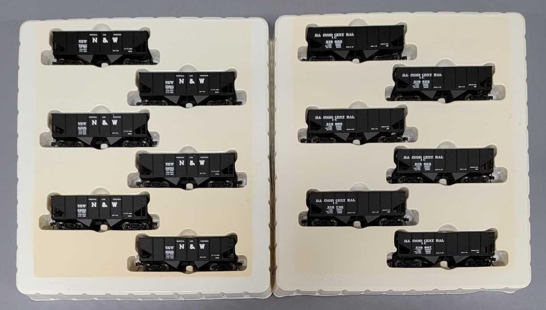 Two Walthers HO Gold Line 55 ton 2 bay hopper 6 packs N&W and Illinois Central: Two Walthers HO Gold Line 55 ton 2 bay hopper 6 packs to include one Norfolk and Western plus one Illinois Central, all unrun and C8-9 but the original boxes were destroyed as seen in the photos.