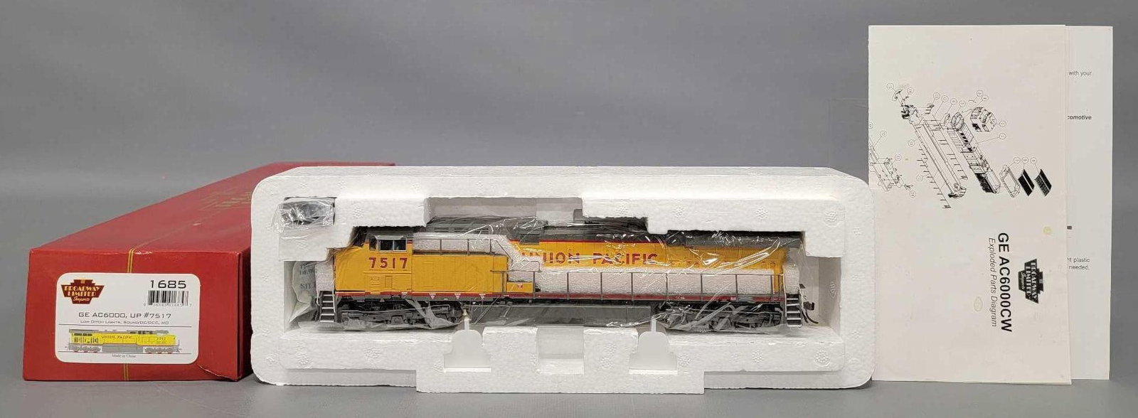 Broadway Limited HO scale Union Pacific #7517 AC6000 diesel locomotive in original box 1685: Broadway Limited HO scale Union Pacific 7517 AC6000 diesel locomotive in original box, stock number 1685, equipped with DCC and sound, unrun C9-10 in a very good original box with original paperwork a