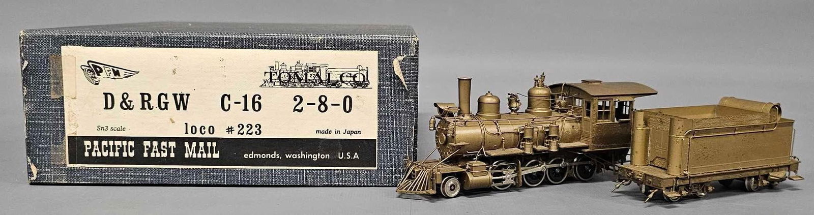 PFM Tomalco HOn3 brass D&RGW C-16 #223 2-8-0 steam locomotive in original box (1 of 9)