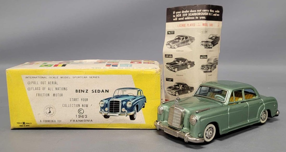 Bandai Japan tin friction 1962 Benz sedan in original box: Bandai Japan tin friction 1962 Benz sedan is in near mint to mint condition and comes in very good original box as seen in the photos.