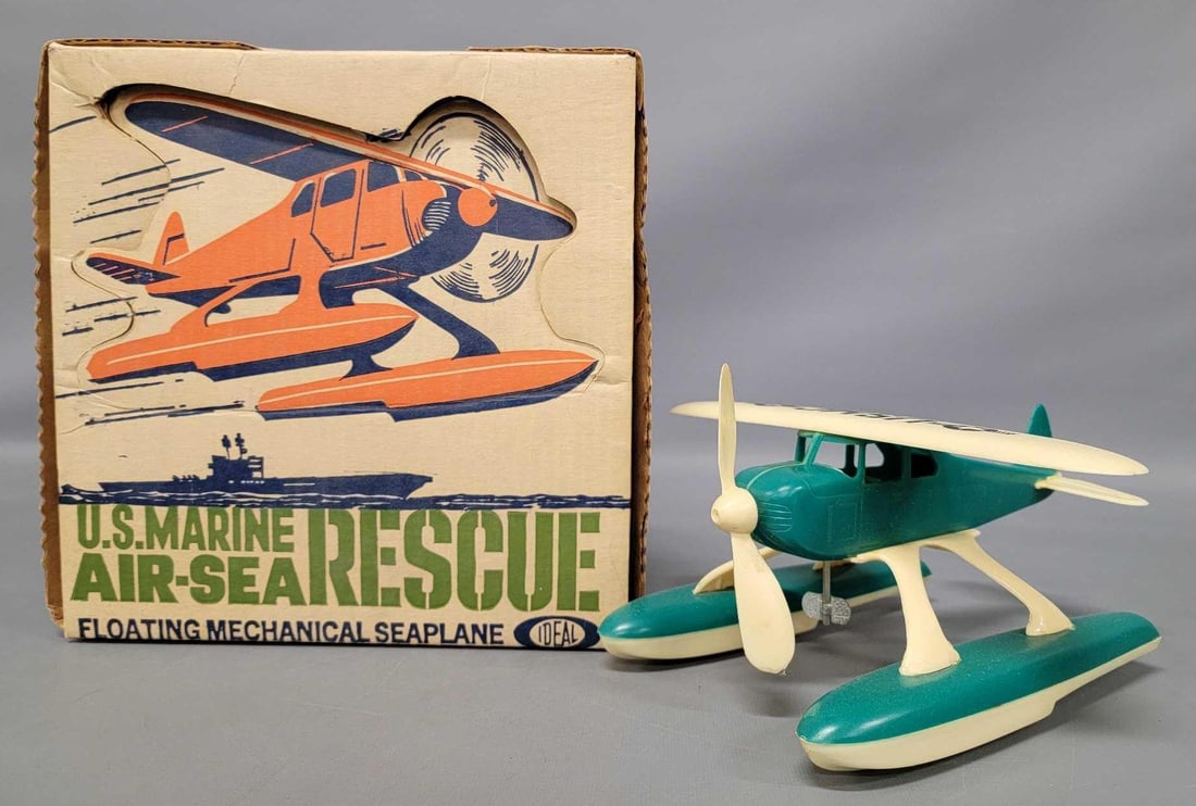 Ideal US Marine Air Sea rescue sea plane in original box: Ideal US Marine Air Sea rescue sea plane in original box, sea plane is in excellent condition with a non working wind up and comes in a very good original box as seen in the photos.