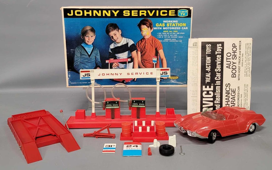 Topper Toys Johnny Service gas station in original box: Topper Toys Johnny Service gas station in original box is in excellent condition, the 24 hour service sign pole is missing but the sign is there, and the original box is in very good condition as seen