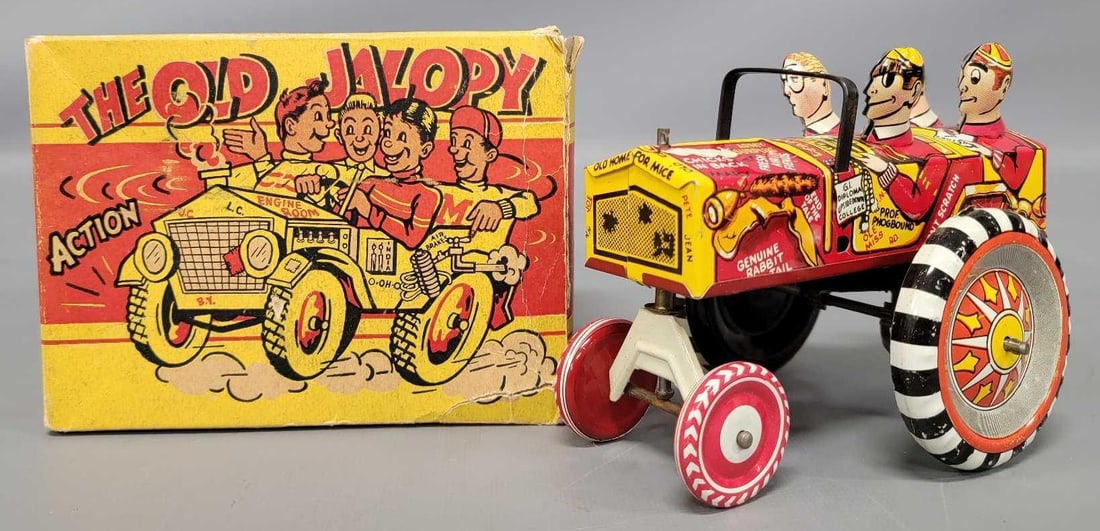 Marx The Old Jalopy tin lithographed wind-up in original box: Marx The Old Jalopy tin lithographed wind-up in original box in excellent condition in a good to very good original box as seen in the photos.