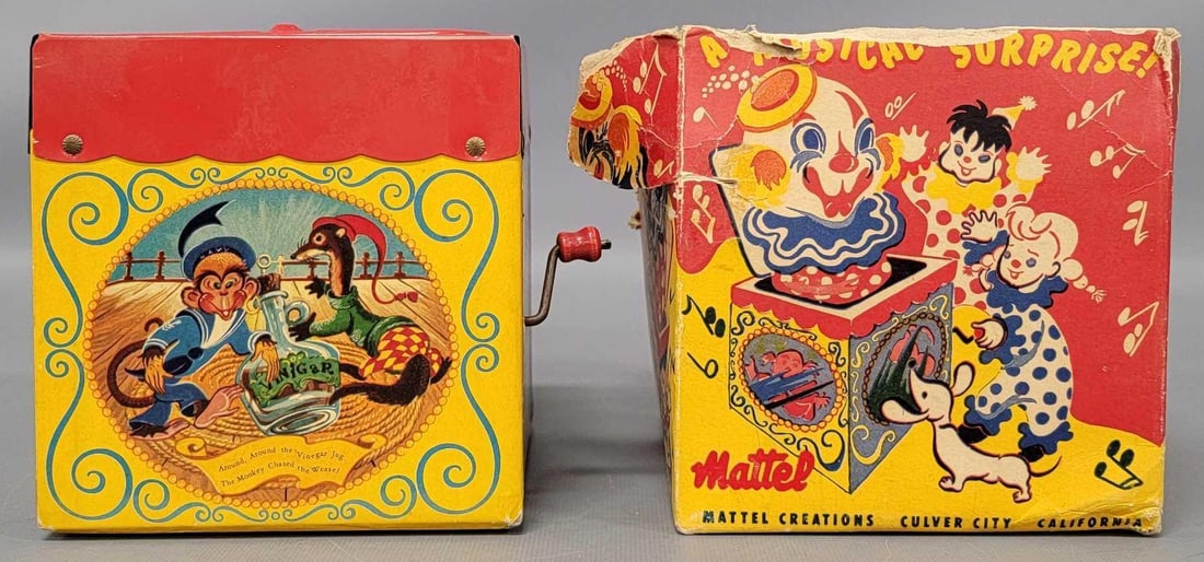 Early Culver City Mattel Jack in the Music Box with partil original box 430: Early Culver City Mattel Jack in the Music Box with partil original box, stock number 430. An early example before Mattel moved to Hawthorne , California. Cardboard and tin consytruction, works perfec