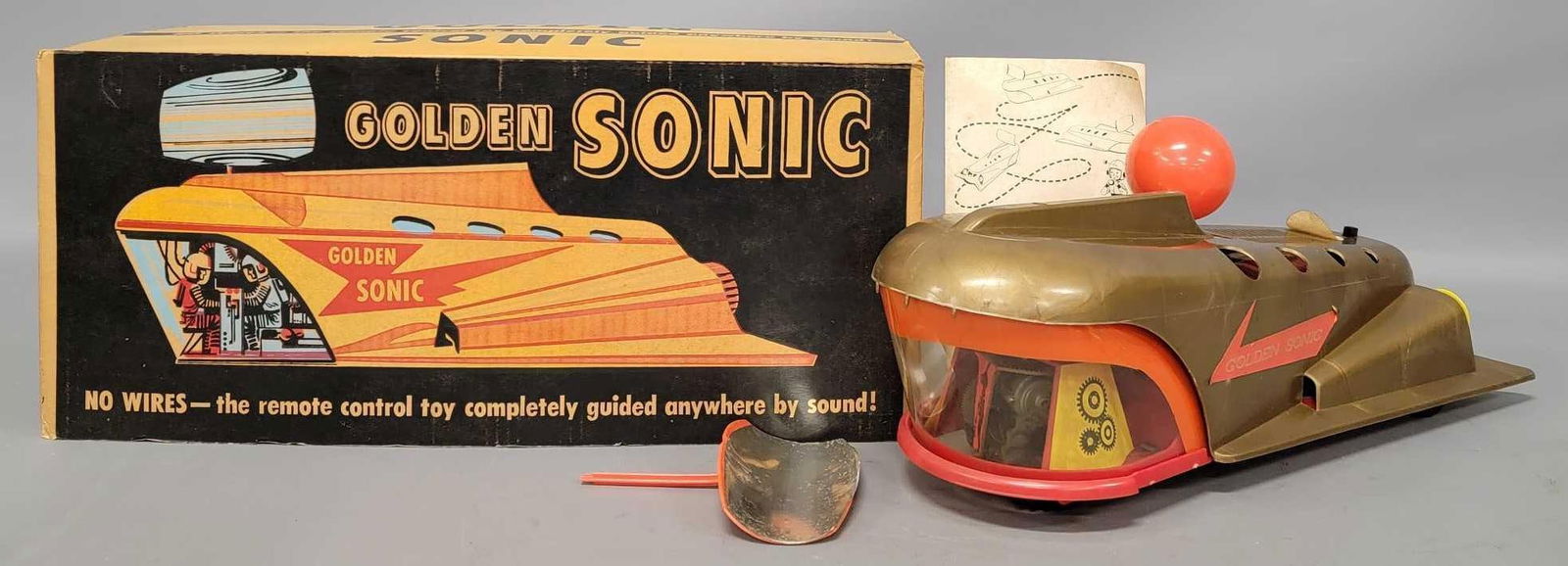 Vintage Tigrett Golden Sonic in original box: Vintage Tigrett Golden Sonic in original box. Basically an unused toy that had a small piece cracked off of the top front and it was glued back on. It is untested and in an excellent original box with