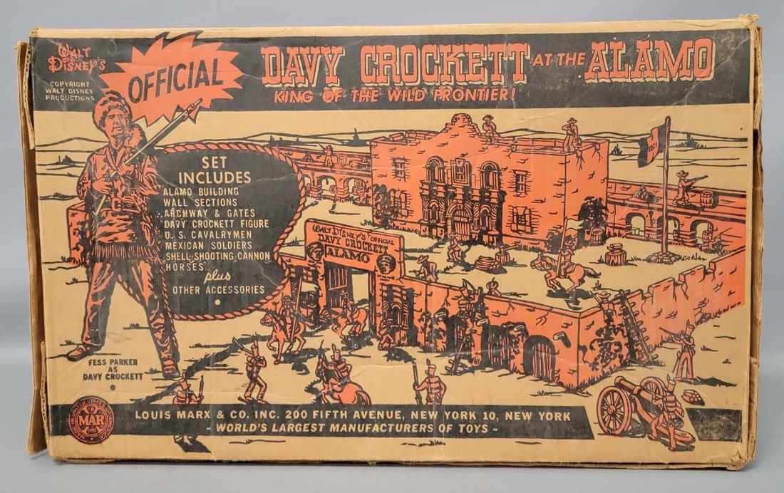 Marx Davy Crockett at the Alamo playset in original box 3544: Marx Davy Crockett at the Alamo playset in original box, stock number 3544. Set includes Alamo tin lithographed building with 38 tin lithographed wall sections, numerous Shako Mexican soldiers , pione