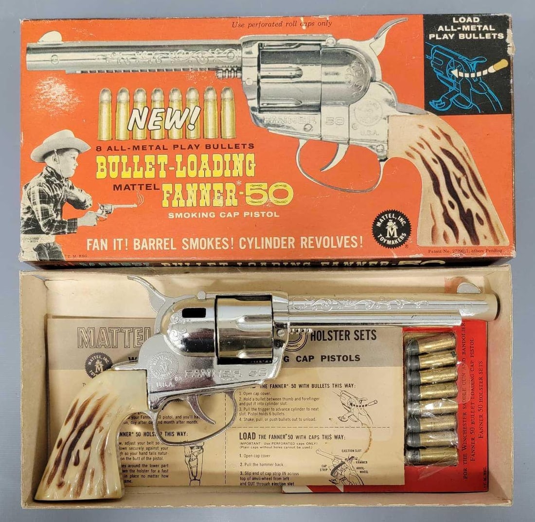 Fantastic 1958 Mattel Fanner 50 in original box with bullets: Fantastic 1958 Mattel Fanner 50 in original box with bullets. This is the gold cylinder variation but it has largely faded, it is exceptionally nice and clean and works perfectly. The pack of bullets 