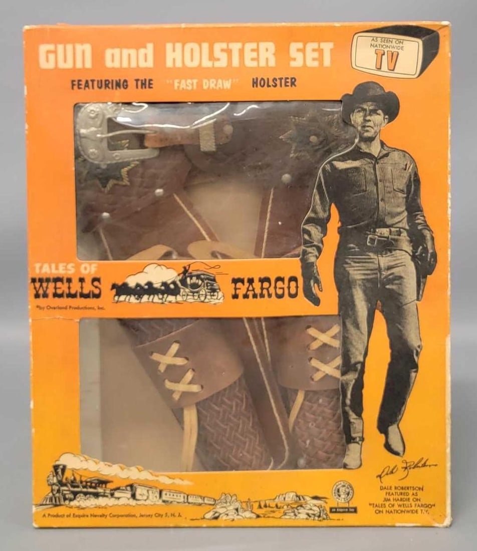 Esquire Novelty Tales of Wells Fargo holster set in a nice original box Dale Robertson Jim Hardie: Esquire Novelty Tales of Wells Fargo holster set in a nice original box. The holster set comes with 18 toy bullets and is unused and like new, still very supple as well. The cap guns are long gone but