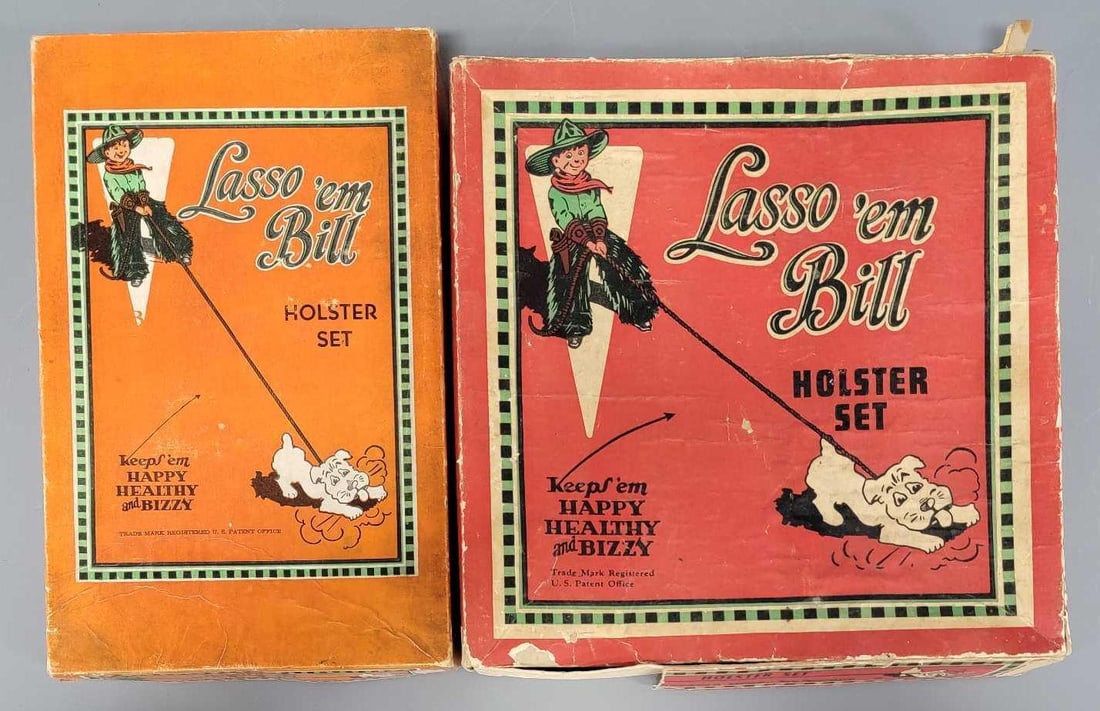 Lasso Em Bill cast iron cap gun and leather holster set in original box plu an extra empty original: Lasso Em Bill cast iron cap gun and leather holster set in original box, stock number 11. The cap gun appears unused and the holster is very nice and comes in a very good plus original box. Also comes