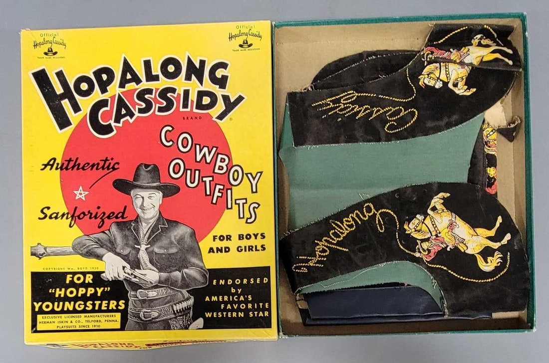 Herman Iskin & Co Hopalong Cassidy sanforized cowboy outfit in original box: Herman Iskin and Co Hopalong Cassidy sanforized cowboy outfit in original box that comes with a vest and chaps that appear unused and in excellent condition in a high grade original box as seen in the