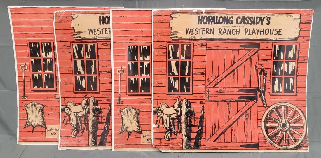 1950 William Boyd Hopalong Cassidy Western ranch playhouse: 1950 William Boyd Hopalong Cassidy Western ranch playhouse. These are just paper sheets that are on large backer boards that measure 48 x 44 inches on the large ones and 35 x 44 inches on the smaller 