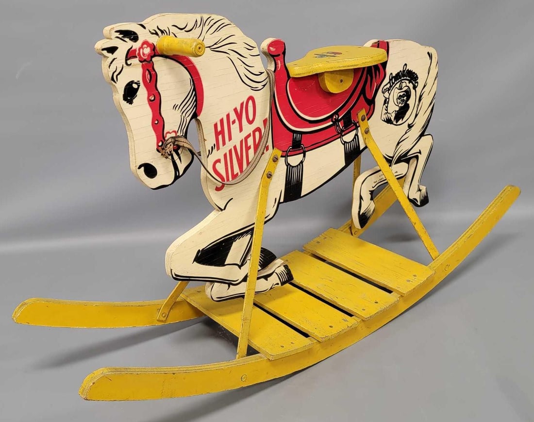 Mengel Playthings Lone Ranger Hi Yo Silver wooden rocking hobby horse: Mengel Playthings Lone Ranger Hi Yo Silver wooden rocking hobby horse in very good to excellent condition as seen in the photos. All that I have seen sold have a red base while this one is yellow, all