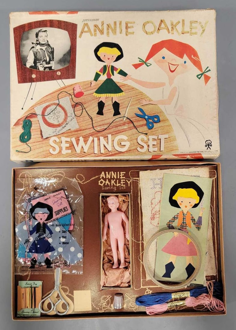 Vintage Pressman Annie Oakley sewing set in original box: Vintage Pressman Annie Oakley sewing set in original box, unused and complete in a good original box as seen in the photos.