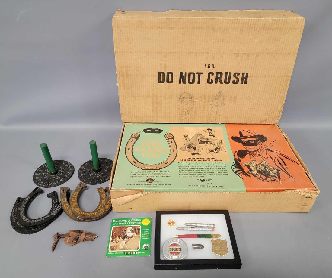 Group of vintage Lone Ranger items including a MIB wigwam: Group of vintage Lone Ranger items including a wigwam that appears to be unused in an excellent original box with the original mailer, horseshoes set, empty View-Master sleeve, miniature cast iron pis