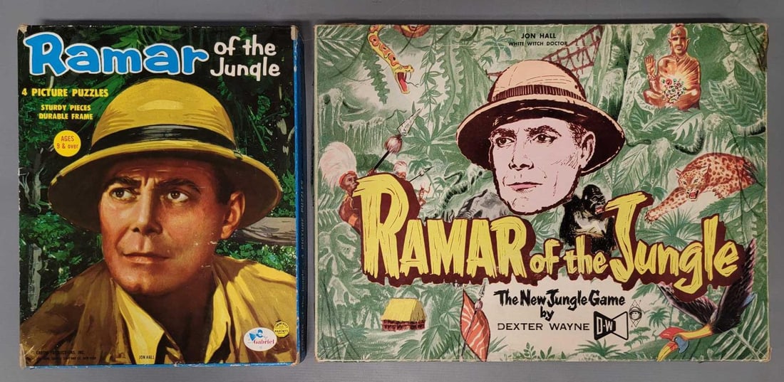 Ramar of the Jungle board game and four frame tray puzzles in original boxes: Ramar of the Jungle board game and four frame puzzles that do not stay together very well in original boxes, all in good to very good condition as seen in the photos.