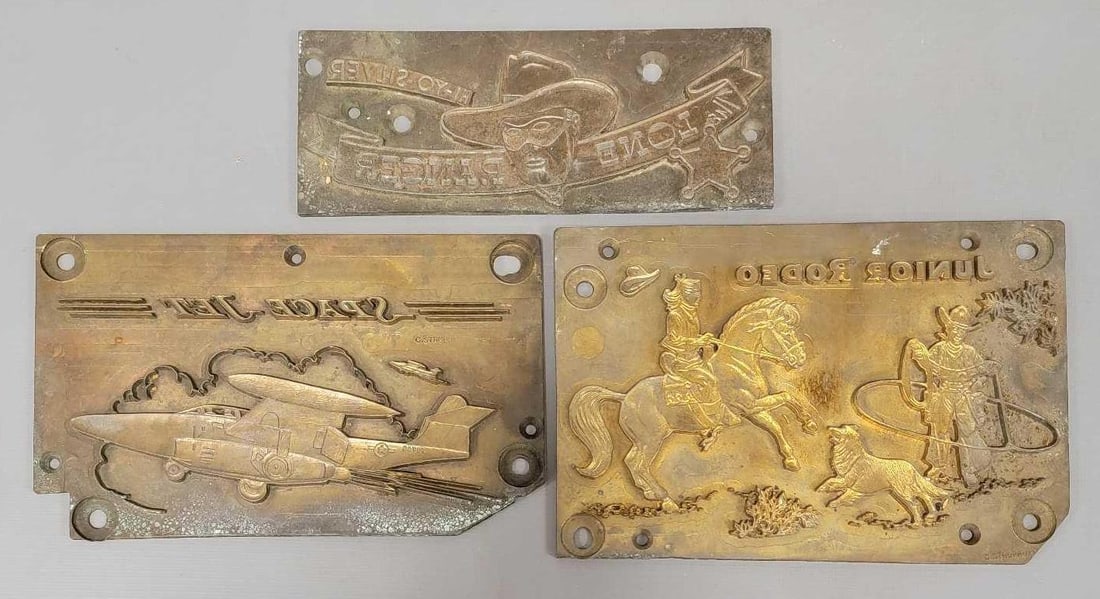 Three brass printing plates Lone Ranger Space Jet and Junior Rodeo C. Struppmann & Co: Three C. Struppmann and Co brass printing plates to include Lone Ranger, Space Jet and Junior Rodeo, the widest is just under 8 inches wide and they will produce great graphics as seen in the photos