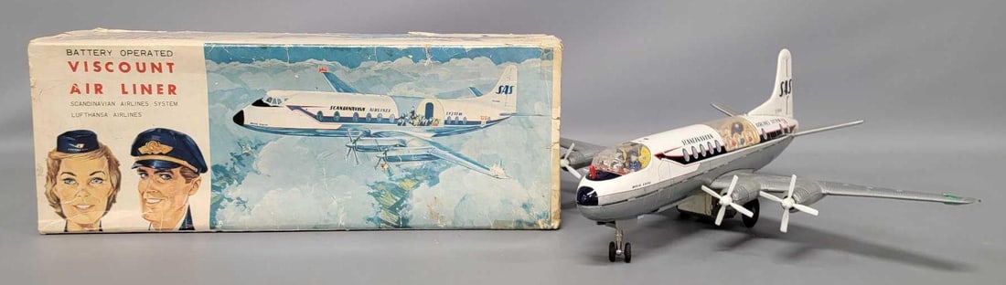 Tomiyama Japan tin battery operated Scandinavia Airlines Viscount air liner in OB: Tomiyama Japan tin battery operated Scandinavia Airlines Viscount air liner in original box in excellent working condition in a very good original box as seen in the photos. Measures 17 1/2 inches lon