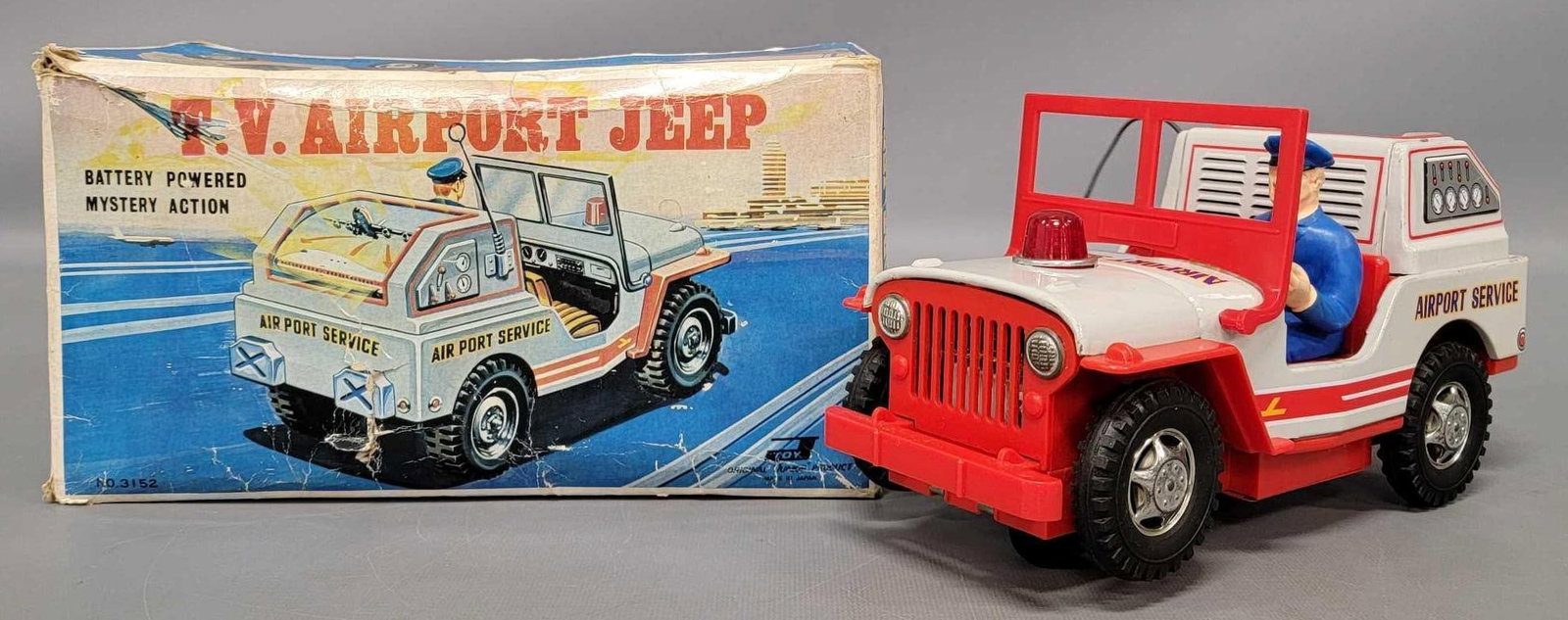 Junior Products Japan tin battery operated TV Airport Jeep in original box: Junior Products Japan tin battery operated TV Airport Jeep in original box in excellent plus, working condition in a very good original box as seen in the photos. Measures 9 1/2 inches long.
