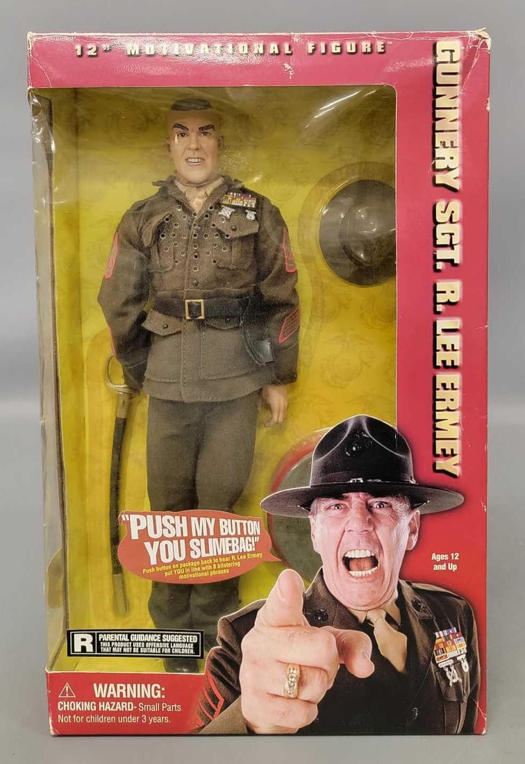 Sideshow Gunnery Sgt R Lee Ermey talking motivational action figure in original box: Sideshow Gunnery Sgt R Lee Ermey talking motivational action figure in original box. Definitely an R rated figure with numerous different sayings, an many of them are long. It could use new batteries 