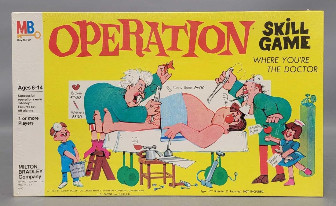 Factory sealed 1965 Milton Bradley Operation board game: Factory sealed 1965 Milton Bradley Operation board game, mint, with a small tear in the plastic on the bottom left corner as seen in the photos.