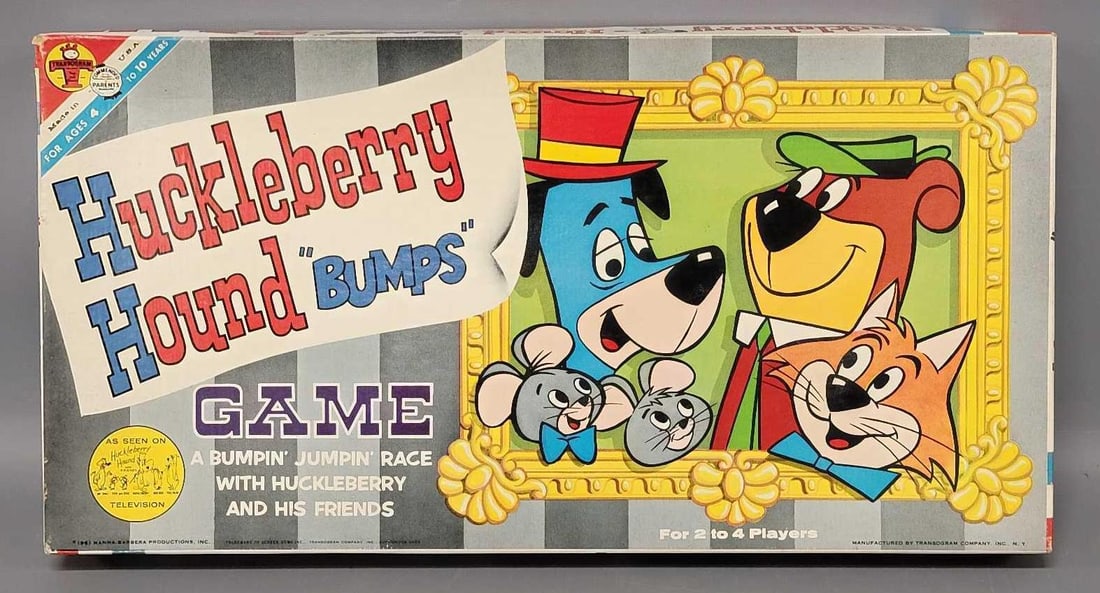Transogram Huckleberry Hound Bumps board game: Transogram Huckleberry Hound Bumps board game, there are two fence cards and one player token missing but the game board and original box are in excellent condition as seen in the photos.