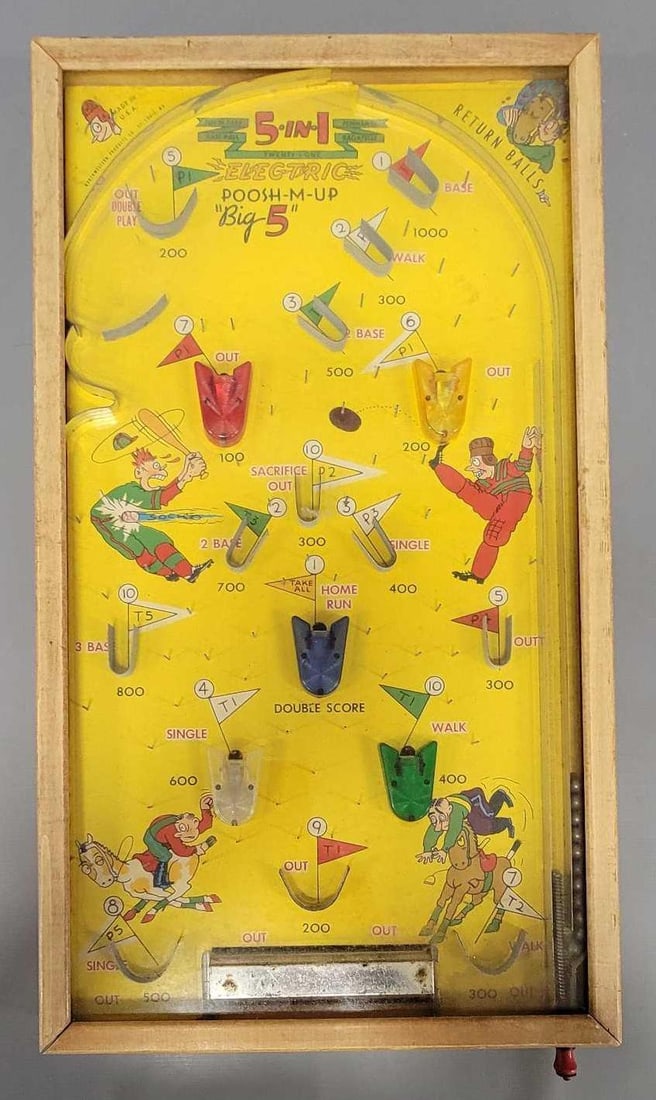 Northwestern Products 5 in 1 Electric Poosh-em-up bagatelle game: Northwestern Products 5 in 1 Electric Poosh-em-up game to include Put-n-Take, Baseball, Twenty-one, Pennants and Bagatelle. Has neat cartoon graphics but does not work with a fresh battery. Measures 2