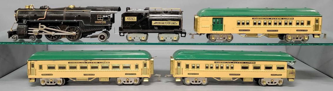 1931 American Flyer wide gauge 1494 Flying Colonel steam passenger set with chrome trucks: 1932 American Flyer wide gauge 1494 Flying Colonel steam passenger set. Set consists of 4692 steam locomotive and 4693 Vanderbilt tender, 4380 Club, 4381 Pullman and 4382 observation cars with Hancock