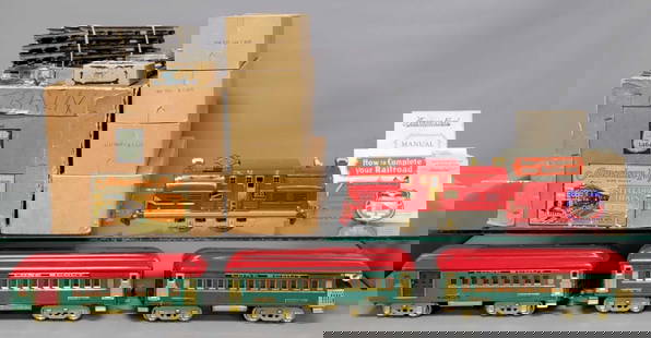 Boxed American Flyer wide gauge 1929 1464 Lone Scout electric passenger set: Boxed American Flyer wide gauge 1929 1464 Lone Scout electric passenger set. Set consists of 4635 electric locomotive that has been re-wheeled with solid brass wheels, lithographed passenger cars 4350