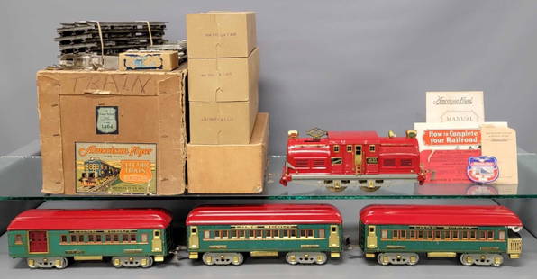 Boxed American Flyer wide gauge 1929 1464 Lone Scout electric passenger set: Boxed American Flyer wide gauge 1929 1464 Lone Scout electric passenger set. Set consists of 4635 electric locomotive that has been re-wheeled with solid brass wheels, lithographed passenger cars