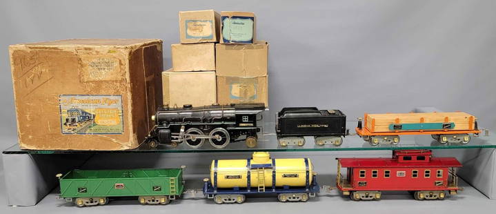 Boxed American Flyer wide gauge 7627 BBT Butler Brothers steam freight set: Boxed American Flyer wide gauge 7627 BBT Butler Brothers steam freight set. Set consists of uncatalogued 4670 cast iron steam locomotive with valve gear, brass headlight cover and brass sand dome