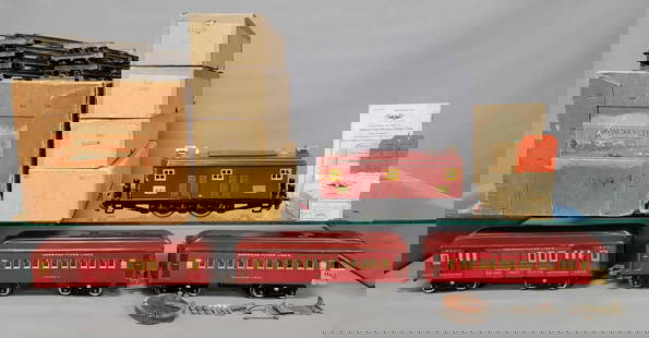 Boxed American Flyer wide gauge 1925-27 1433 All-American electric passenger set: Boxed American Flyer wide gauge 1925-27 1433 All-American electric passenger set. Set consists of maroon 4019 box cab electric locomotive, maroon lithographed 4040 baggage car, 4041 America Pullman an