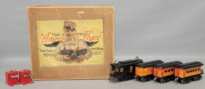 American Flyer Prewar narrow gauge O 17 electric passenger set with partial original box: American Flyer Prewar narrow gauge O 17 electric passenger set with partial original box. Set consists of a black 3011 box cab electric locomotive, orange tin lithographed American Flyer Lines passeng