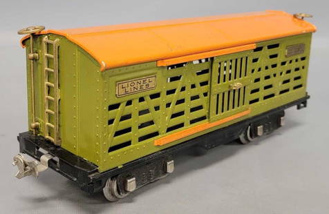 Lionel prewar standard gauge 513 stock car: Lionel prewar standard gauge 513 stock car, olive with orange roof and mixed nickel and brass trim, C6-7 as seen in the photos.
