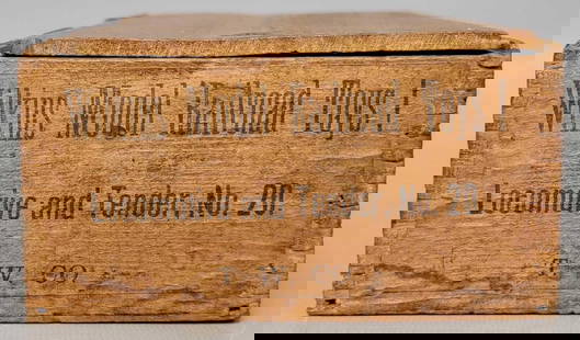 Wilkins Model Railroad Toys! Locomotive and tender No. 20 empty original wooden box: Wilkins Model Railroad Toys! Locomotive and tender No. 20 empty original wooden box. A nice box with lid and a hole in the bottom where a knot once was. Measures 9 1/8 x 5 x 2 1/2 inches as seen in th