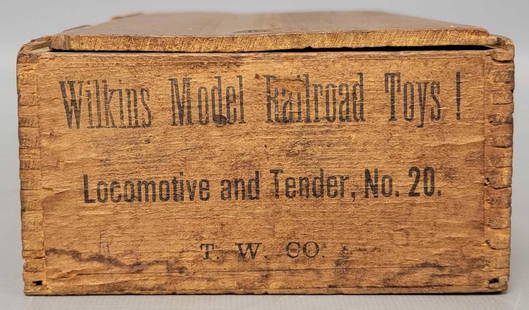 Wilkins Model Railroad Toys! Locomotive and tender No. 20 empty original wooden box: Wilkins Model Railroad Toys! Locomotive and tender No. 20 empty original wooden box. A nice box with lid and a hole in the bottom where a knot once was. Measures 9 1/8 x 5 x 2 1/2 inches as seen in th