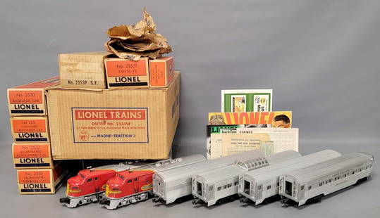 Gorgeous unrun boxed Lionel postwar O 2234W Santa Fe F-3 diesel passenger set: Unrun boxed Lionel postwar O 2234W Santa Fe F-3 diesel passenger set. Set consists of 2353 Santa Fe F-3 AA diesel locomotive set, 2530 Railway Express Agency baggage, 2532 Silver Range vista dome, 253